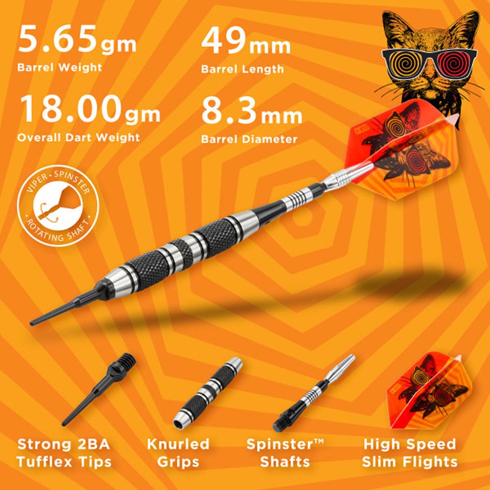 Viper The Freak Darts - Soft Tip - Nickel Silver - with Spinster Shafts - F2 - Black Twin Knurl 18g