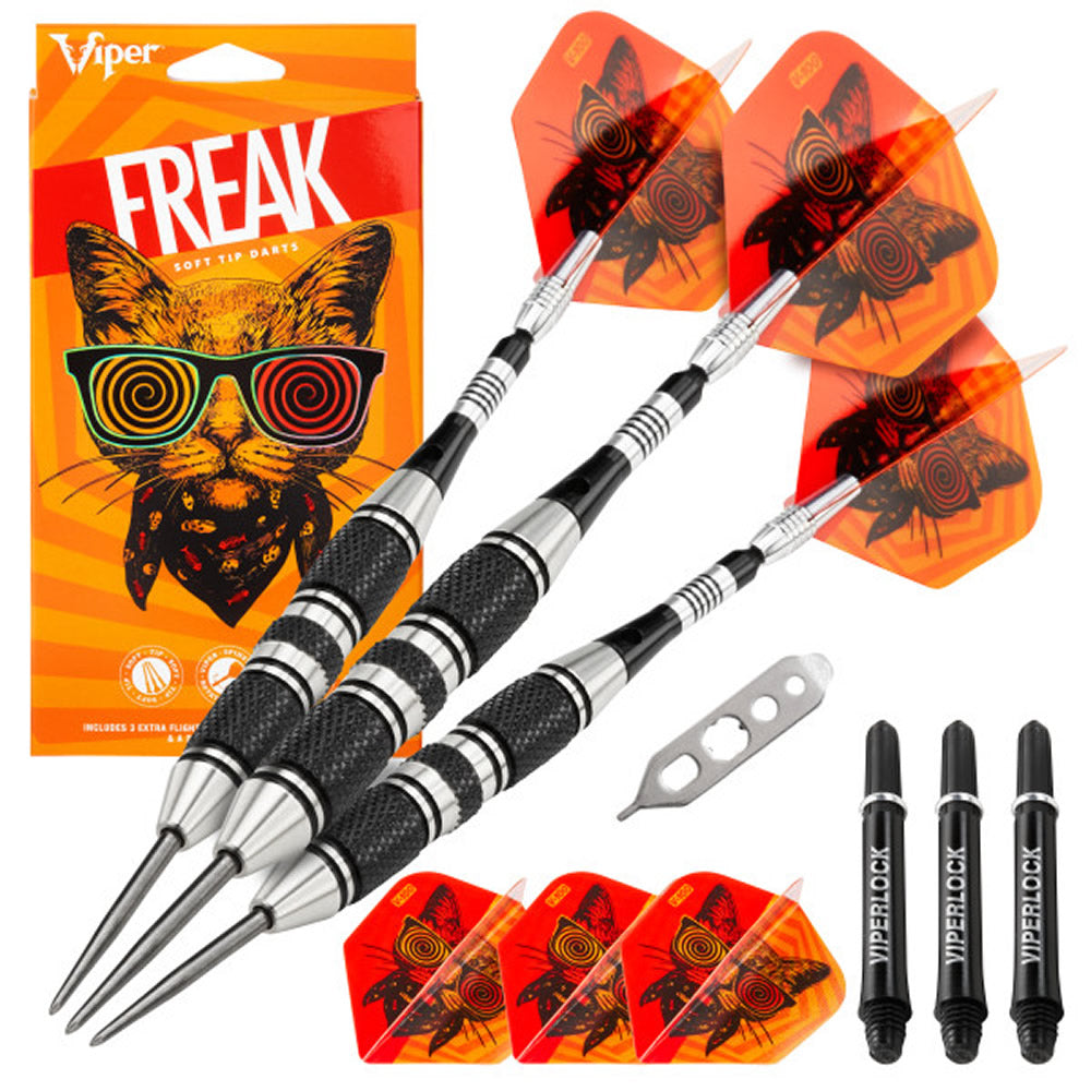 Viper The Freak Darts – Stahlspitze – Neusilber – mit Spinster-Schäften – F2 – Schwarze Doppelrändelung