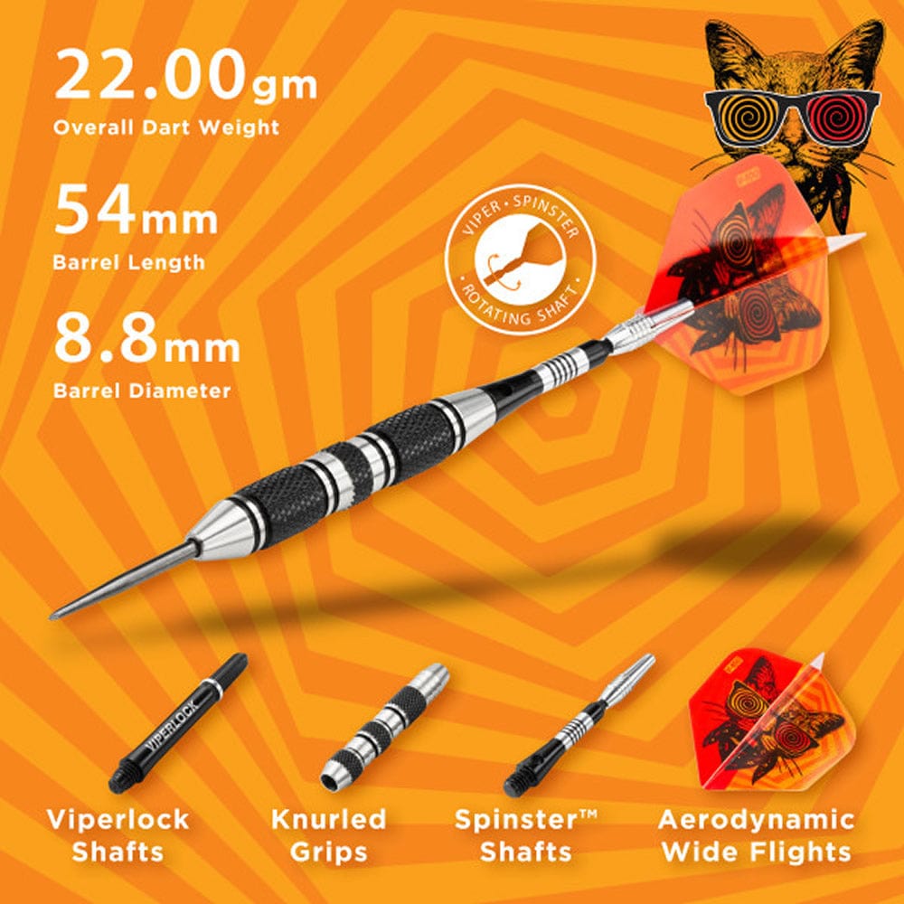 Viper The Freak Darts – Stahlspitze – Neusilber – mit Spinster-Schäften – F2 – Schwarze Doppelrändelung
