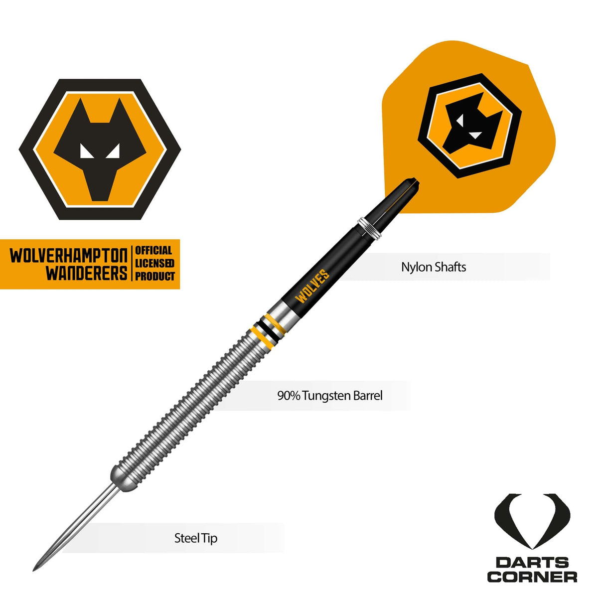 Wolverhampton Wanderers FC Darts – Steel Tip Tungsten – Offizielles Lizenzprodukt – Wölfe – 24 g