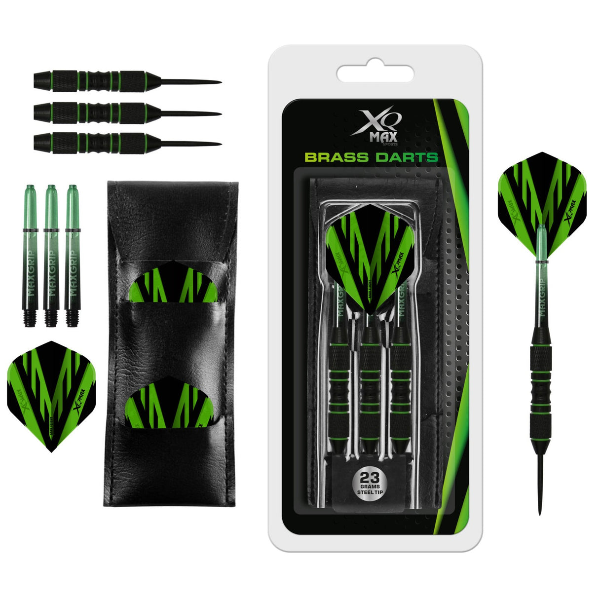XQMax Dartpfeile mit Stahlspitze – Schwarz beschichtetes Messing – inklusive Etui – Grüne Ringe – 23 g